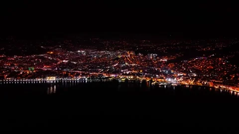 4K Drone Flight Toward Coastal City Lights at Night | Cinematic 60fps Stock Footage 334304580