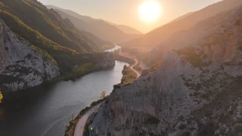 4K Drone Flyby from Ancient Castle Toward River at Sunset Stock Footage 337248795