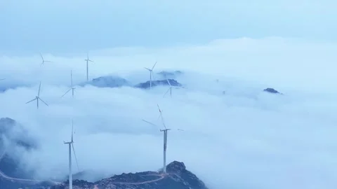 4K Drone Flying Above Mountain Windmills China Vidéo 336499880