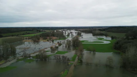 4K Drone Flying Forward High Over Widespread Winter Flooding and Bird Life Video stock 328521533