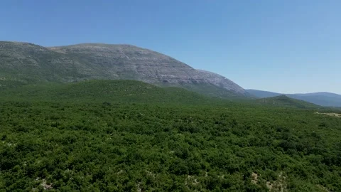 4K Drone Flying Forward Over Forest Toward Mountains in Croatia Stock Footage 312689261