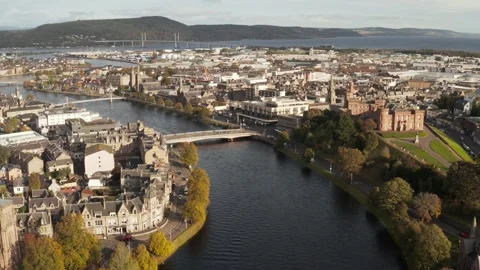 4K Drone Flying Slowly Down River Ness with Inverness in View Stock-Footage 285534458