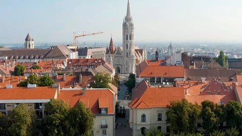 4K drone flying towards Matthias Church at Fisherman's Bastion Stock Footage 115103545