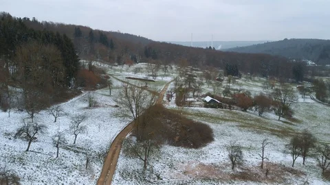 4k Drone Flyover Germany Field Snow Winter Stock Footage