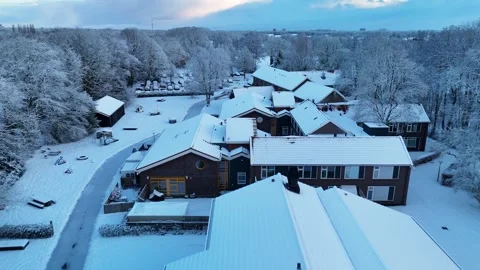 4K Drone Flyover Over Snowy Residential Complex in Forest Netherlands Vidéo 334840299