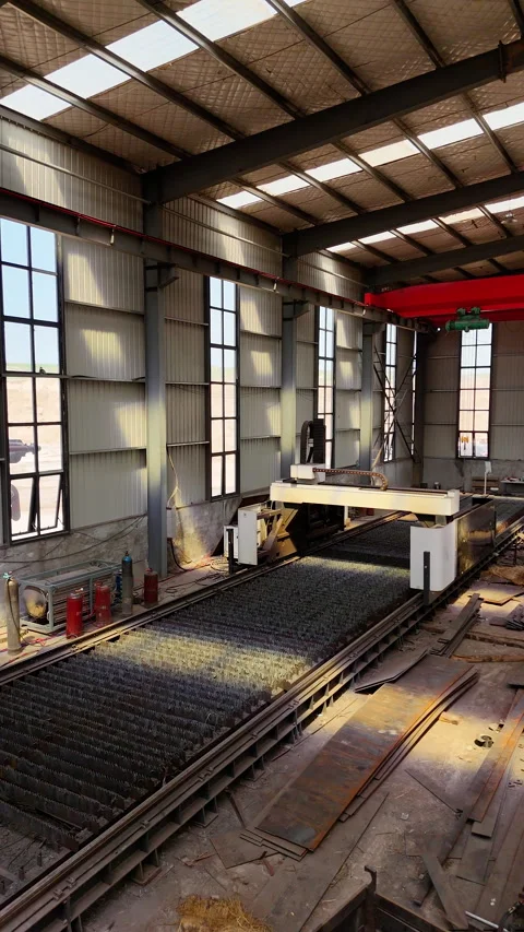 4K Drone Flythrough Inside Steel Structure Manufacturing Factory with Laser Cutt Stock Footage 335793351