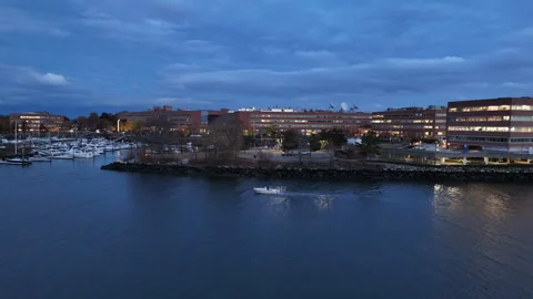 4k drone following man on small boat with dog heading to harbor at dusk Stock Footage 291283704