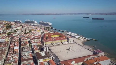 4k drone footage - Commerce Square and the Alfama District.  Lisbon, Portugal Stock Footage 82410668
