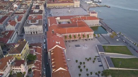 4k drone footage - Commerce Square at sunset.  Lisbon, Portugal Stock Footage 82410894