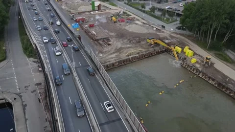 4K drone footage construction highway slow movement Stock Footage 171210633