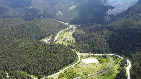 4K Drone Footage Flying Over Green Forest with Mountain Views in Romania Stock Footage 311949754