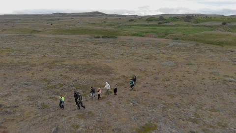 4k Drone Footage of Group of People Walking in Iceland Stock Footage