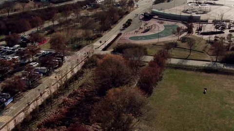 4K Drone footage hovering over park, sunny day, clear sky 動画素材 105486792