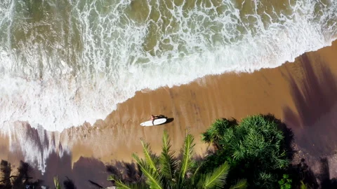 4K Drone Footage of Man Running Into Ocean With Surfboard Stock Footage 337516015