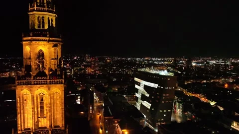 4K drone footage night shot Martinitower in Groningen Stock Footage 171129779