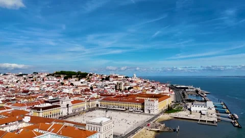 4K drone footage of Praca do Comercio and Baixa district in Lisbon old town Stock Footage 290230554