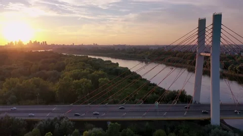 4K drone footage of Siekierkowski Bridge in Warsaw, capital city of Poland Stock Footage 141009309