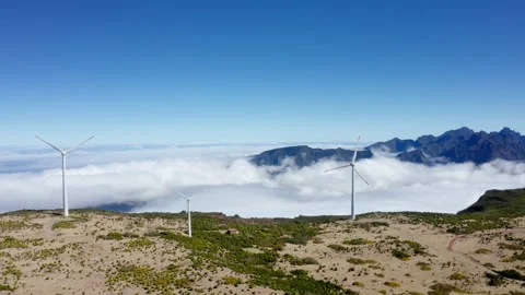 4K Drone footage of wind generators rotating on background of mountains and sky Stock-Footage 153110928