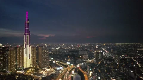4k drone of  ho chi minh city during the night landmark 81 skyscrappers skyline  Stock Footage 204005877