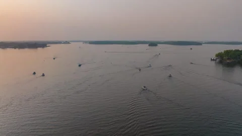 4K Drone Hyperlapse Lake Minnetonka Crowded With Motor Boats And Wildfire Haze Stock Footage 247240615
