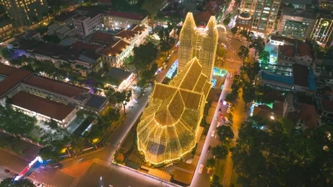 4K Drone Hyperlapse of Notre Dame Cathedral, Ho Chi Minh City Stock Footage 296695170