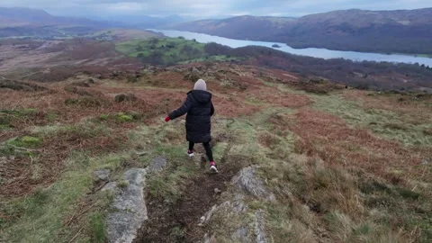 4k Drone Lake District Young Fell Runner Towards Coniston Video stock 330182507