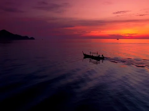 4K Drone; Longtail boat at sunset, Koh Tao, Thailand Video stock 71340698