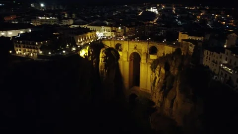 4K Drone Night View: Puente Nuevo Bridge Illuminated, Ronda, Spain Stock Footage 246597859