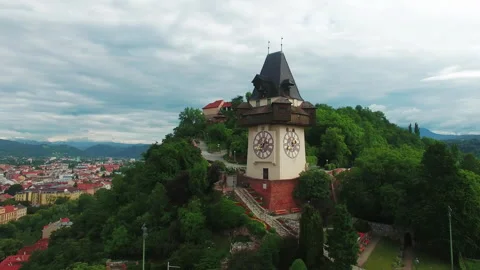 4K Drone Orbit of Graz Clock Tower and Cityscape, Austria Stock Footage 336648038
