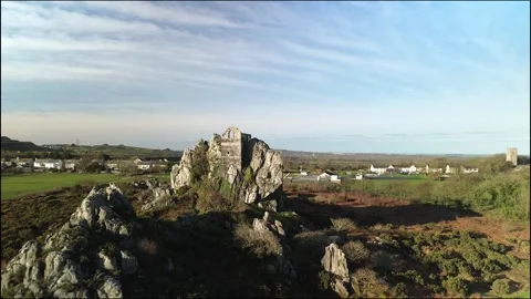 4K Drone Orbit of Roche Rock, Cornwall on a Clear Winter Morning Stock Footage 329000037