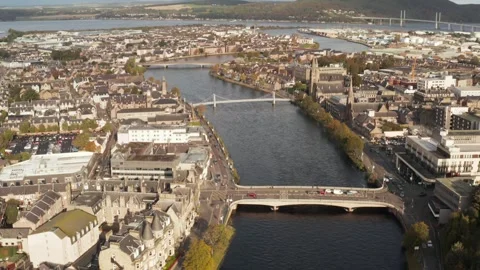 4K Drone Over River Ness Tilting Up to Reveal Inverness City Centre Stock-Footage 285534454