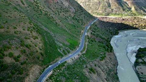 4K Drone Over Riverside Road at Darcha | Manali Leh Highway Aerial Landscape Stock Footage 312496492