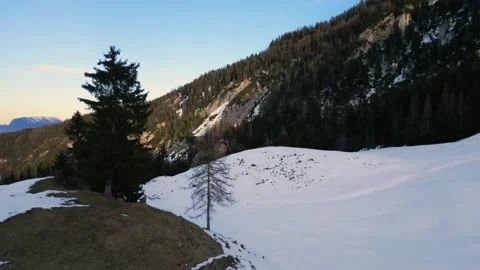 4K Drone Overflight Over a Snow-Covered Mountain Forest at Sunset Stock Footage 301542197