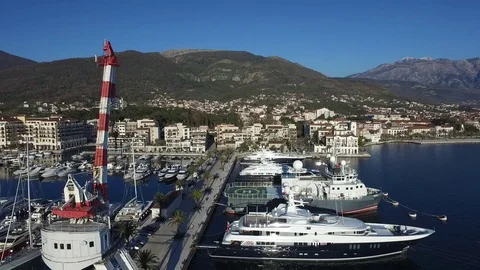 4K Drone at Porto Montenegro, Yachts and Crane Stock Footage