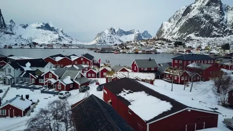 4k Drone - Quaint red cabins &amp; the beautiful mountains of Reine, Norway. Stock Footage 88016645