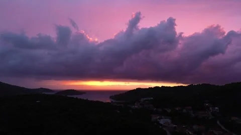 4K Drone Rising Through Pink Storm Clouds – Dramatic Sunset Sky &amp; Aerial Scene Stock Footage 318920193