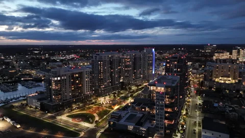 4k drone rotating left to right, high rise buildings at night in Stamford CT Stock Footage 291283604