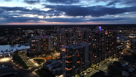 4k drone rotating right to left, high rise buildings at night in Stamford CT Stock Footage 291284893
