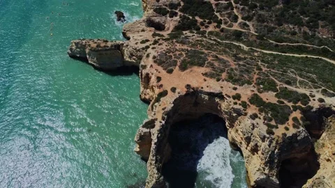 4K Drone. Rugged cliffs, sandy coast ocean Ponta Da Piedade. Algarve. Portugal Video stock 239270352