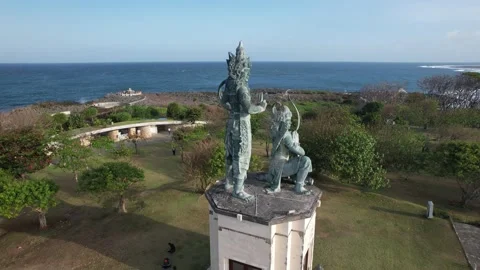 4k drone shot of Krishna and Arjuna Statue in Nusa Dua Bali Indonesia mahabharat Video stock 208303389