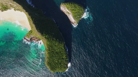 4K Drone shot of ocean wave washing over Kelingking Beach in Nusa Penida Video Stock Footage 276198977