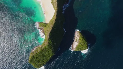 4K Drone shot of ocean wave washing over Kelingking Beach in Nusa Penida Video Stock Footage 276236539