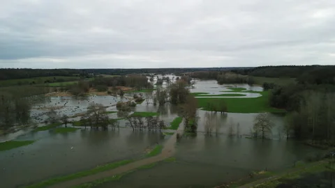 4K Drone Shot Pulling Back High Over Widespread Winter Flooding and Bird Life Video stock 328520999