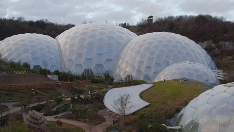 4K drone shot towards biome at Eden project, UK Stock Footage