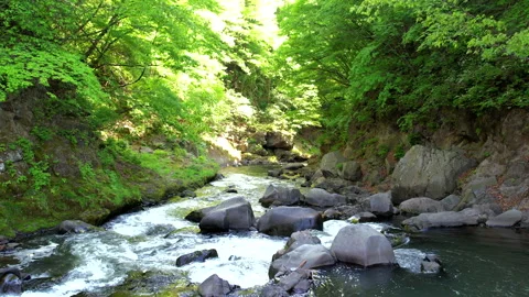 4K drone slow motion flying down a mountain river in Karuizawa. Stock Footage 328644900