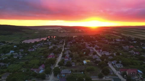4K Drone Sunset Flight Over Rural Moldovan Village Stock Footage 321825515
