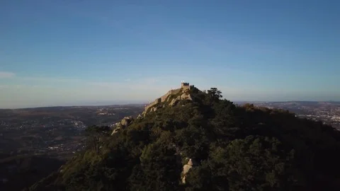 4k drone.  Sunset on the medieval "Castle of the Moors" in Sintra, Portugal. Stock Footage 82474951