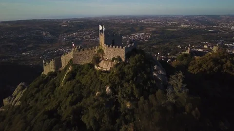 4k drone.  Sunset on the medieval "Castle of the Moors" in Sintra, Portugal. Stock Footage 82475148