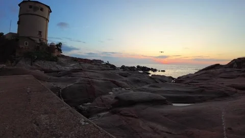 4K Drone takeoff to infinite Sunset campese Giglio Island Italy-Tuscany Stock Footage 244575556