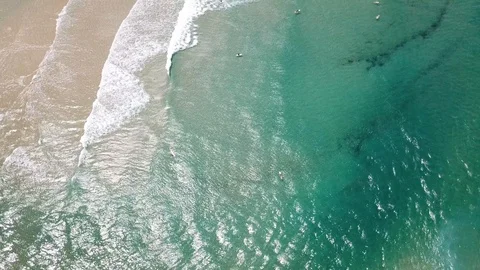 4k Drone Top View Surfers in Ocean Pan Stock Footage 124312798